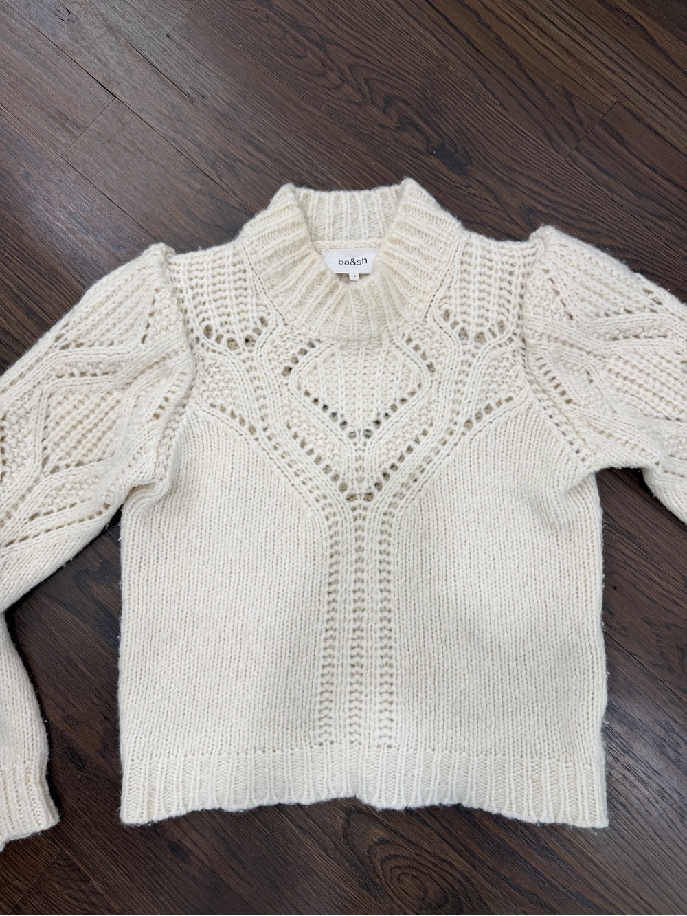 ba&sh Cream Openwork Ribbed Mock-Neck Sweater